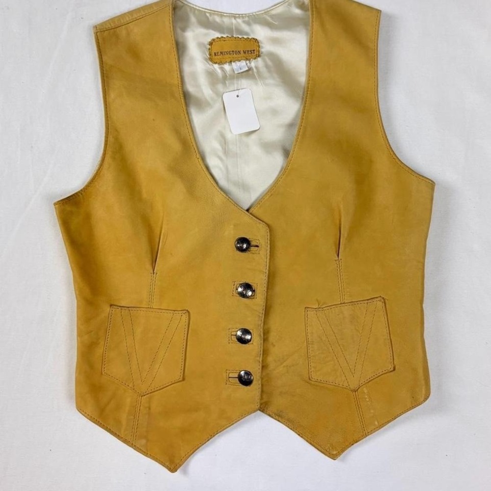 Vintage 70s banana yellow leather vest liberty dime buttons Renington West Large